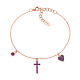 AMEN bracelet with zircon charm, cross and heart with purple zircons, rosé 925 silver s1