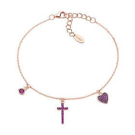 Bracelet AMEN coeur croix et zircon mauve argent 925 rosé
