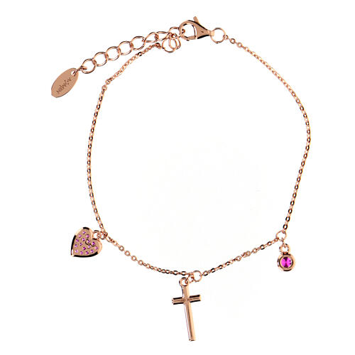 Bracelet AMEN coeur croix et zircon mauve argent 925 rosé 3