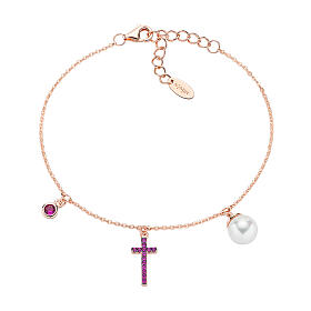 Perlenarmband mit Kreuz und Zirkonen AMEN aus Silber 925