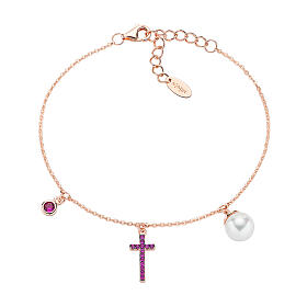 AMEN bracelet with purple zircon charm, purple zircon cross and pearl, 925 silver
