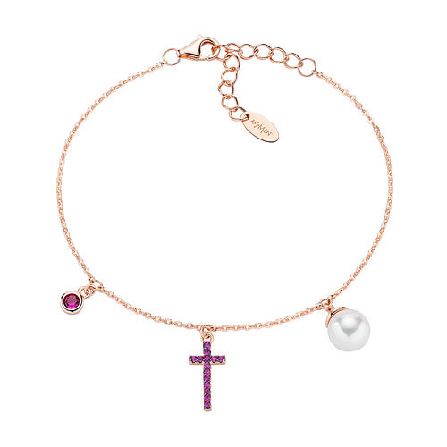Bracelet AMEN perle croix et zircon mauve argent 925 rosé 1