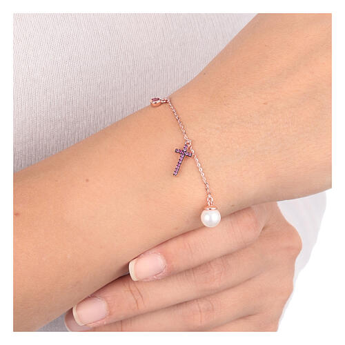 Bracelet AMEN perle croix et zircon mauve argent 925 rosé 4
