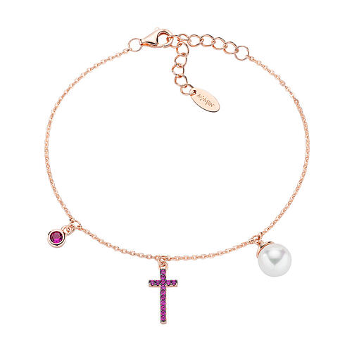 Rose bracelet pearl and cross with cubic zirconia AMEN 925 silver 1