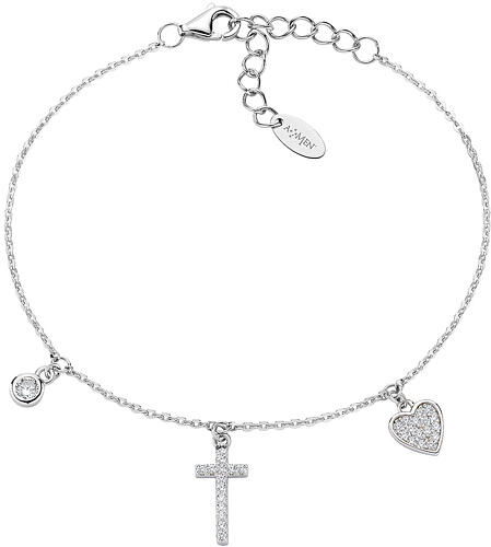 AMEN bracelet with zircon charm, cross and heart with white zircons, rhodium-plated 925 silver 1