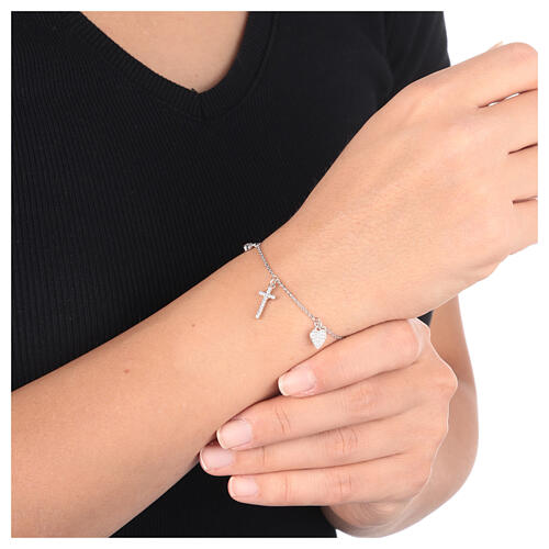 AMEN bracelet with zircon charm, cross and heart with white zircons, rhodium-plated 925 silver 2