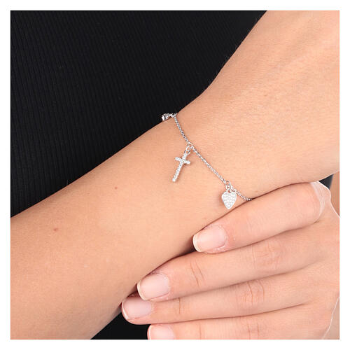 AMEN bracelet with zircon charm, cross and heart with white zircons, rhodium-plated 925 silver 4