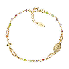 AMEN bracelet with multicoloured crystals and Miraculous Medal, gold plated 925 silver