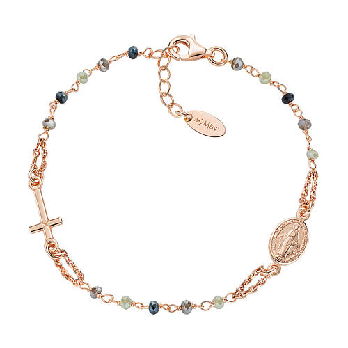 AMEN bracelet with smoky crystals and Miraculous Medal, rosé 925 silver 1