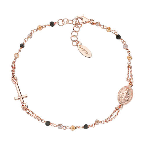 AMEN bracelet with gold and black crystals and Miraculous Medal, rosé 925 silver 1