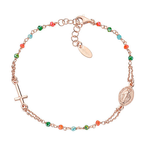 AMEN bracelet with multicoloured crystals and Miraculous Medal, rosé 925 silver 1