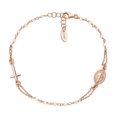 AMEN bracelet with white crystals and Miraculous Medal, rosé 925 silver 1