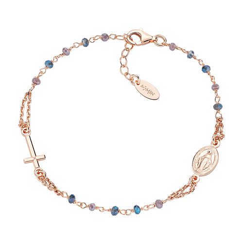 AMEN bracelet with blue crystals and Miraculous Medal, rosé 925 silver 1