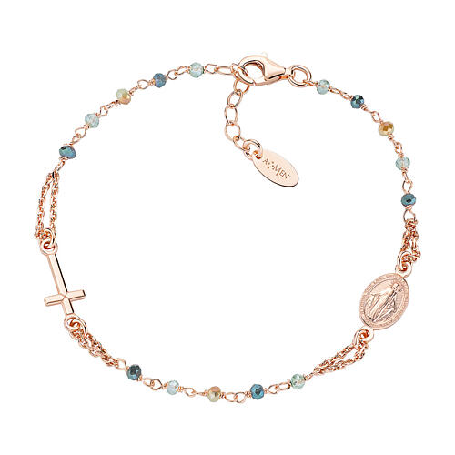 AMEN bracelet with blue and golden crystals and Miraculous Medal, rosé 925 silver 1