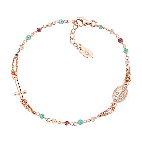 AMEN bracelet with blue-amaranth-pink crystals and Miraculous Medal, rosé 925 silver