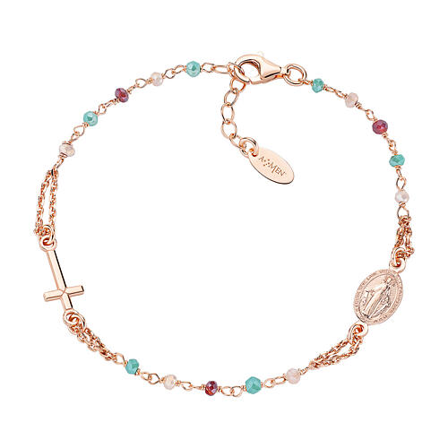 AMEN bracelet with blue-amaranth-pink crystals and Miraculous Medal, rosé 925 silver 1