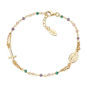 Bracelet AMEN Médaille Miraculeuse cristaux violet rose vert et argent 925 doré