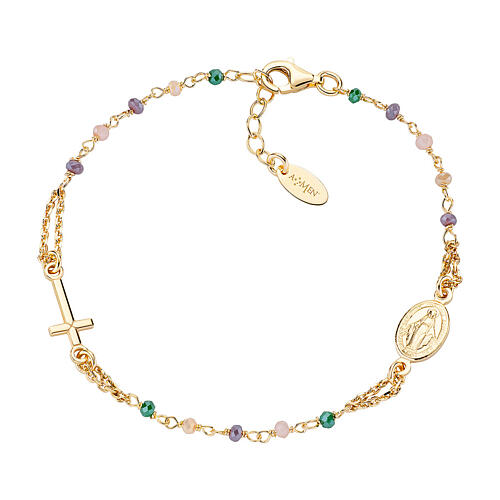 Bracelet AMEN Médaille Miraculeuse cristaux violet rose vert et argent 925 doré 1