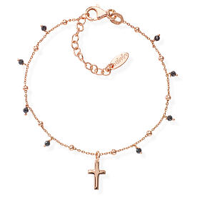 Bracelet AMEN avec croix et zircons noirs, finition rosée
