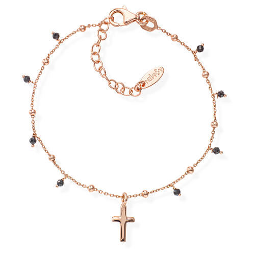 Bracelet AMEN avec croix et zircons noirs, finition rosée 1