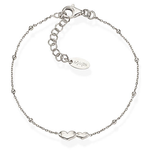 Double heart bracelet with rhodium finish beads AMEN  1
