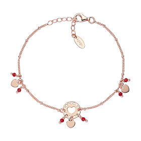 Bracelet AMEN avec breloques coeurs et cristaux rouges, finition rosée