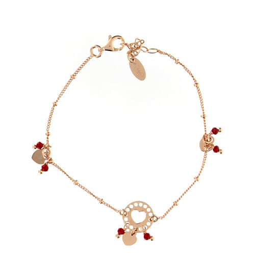 Bracelet AMEN avec breloques coeurs et cristaux rouges, finition rosée 3