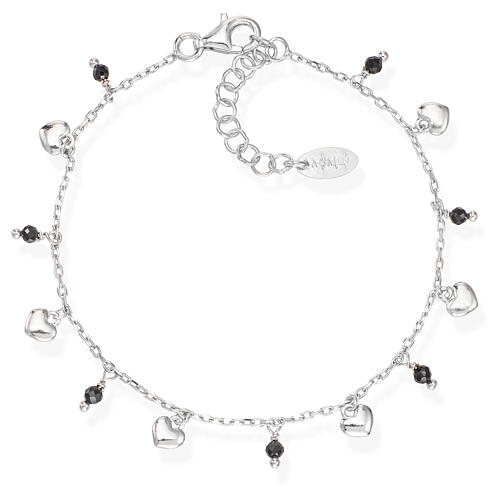 AMEN bracelet with black beads and heart-shaped charms, 925 silver 1
