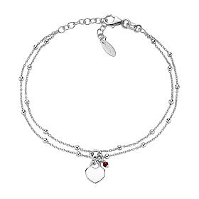 AMEN bracelet with double chain, heart pendant and ruby, rhodium-plated 925 silver