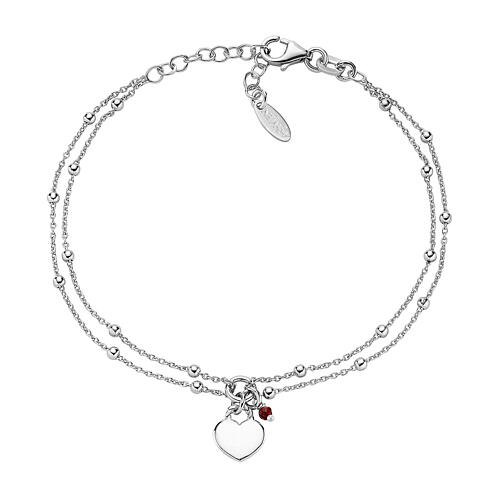AMEN bracelet with double chain, heart pendant and ruby, rhodium-plated 925 silver 1