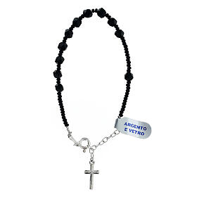 Single decade rosary bracelet with 0.02 in faceted beads, 925 silver and black glass