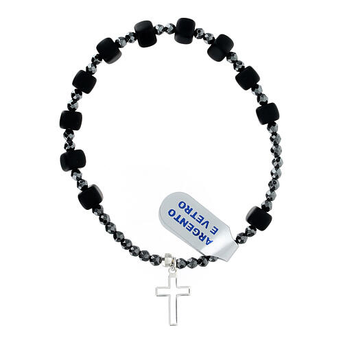 Bracelet with 0.016x0.016 in black frosted glass beads and 925 silver cut-out cross 1