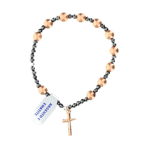 Silberarmband mit Kreuz und 6 mm Rosé-Hämatit-Perlen 1