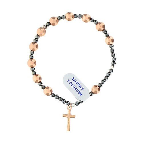 Silver bracelet with rose hematite cross, 6 mm beads 2