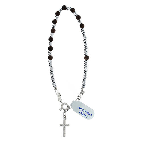 Single decade rosary bracelet with 0.012 in wood beads and 925 silver cross 1