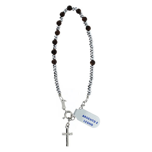 Single decade rosary bracelet with 0.012 in wood beads and 925 silver cross 2