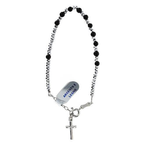 Adjustable single decade rosary bracelet of rhodium-plated 925 silver and wood, 0.012 in beads 1
