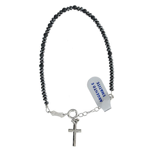 Rosary bracelet with grey and black hematite beads and silver cross 2