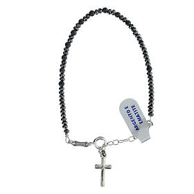 Bracciale perline ematite grigia nera sfaccettata 3 mm croce argento