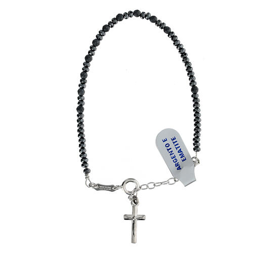 Rosary bracelet faceted black gray hematite beads 3 mm silver cross 1