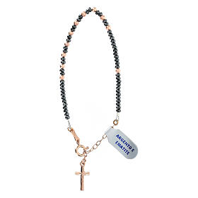 Rosary bracelet with grey and rosé hematite beads and silver cross