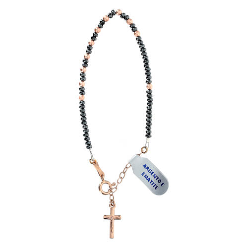 Rosary bracelet with grey and rosé hematite beads and silver cross 1