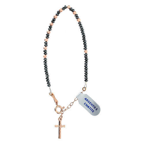 Rosary bracelet with grey and rosé hematite beads and silver cross 2