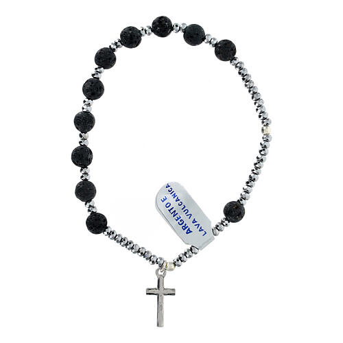 Bracciale lava vulcanica grigia argento 925 rosario croce ematite 2