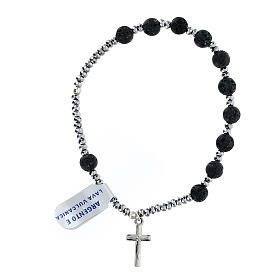 Bransoletka dziesiątka lawa wulkaniczna szara, hematyt, srebro 925, krzyż