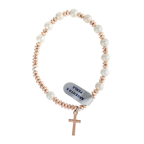 Rosary bracelet with rosé hematite beads and pearls, 925 silver cross 2