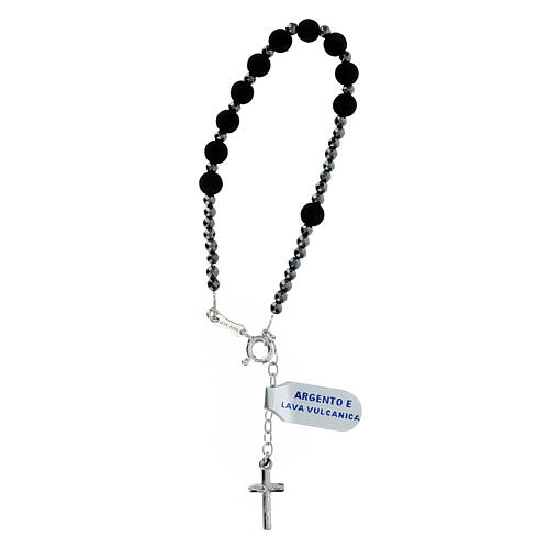 One-decade rosary bracelet cross in rhodium-plated 925 silver volcanic lava adjustable 1