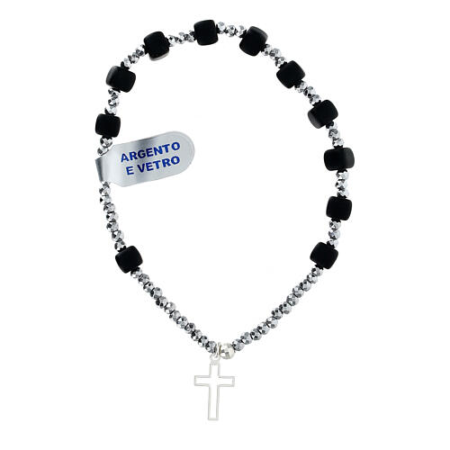 925 silver bracelet black glass 4x4 mm shaped cross elastic 2