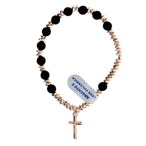 Volcanic lava decade rosary bracelet cross 6mm silver elastic 1