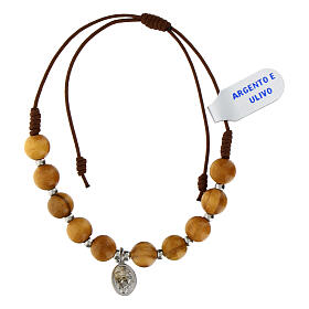 Brown rope rosary bracelet with olivewood beads and 925 silver medal